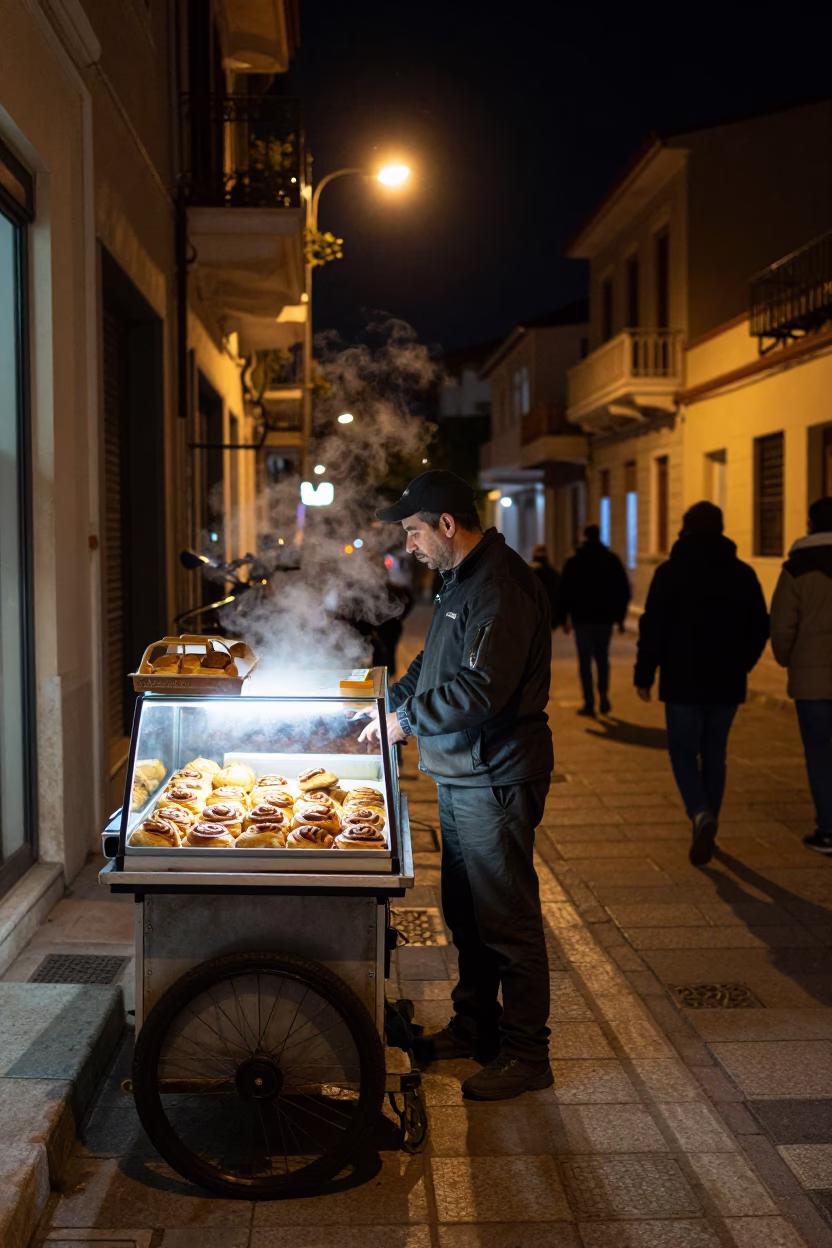 Night Pedestrians in Athens at Midnight Light in in Athens, Greece