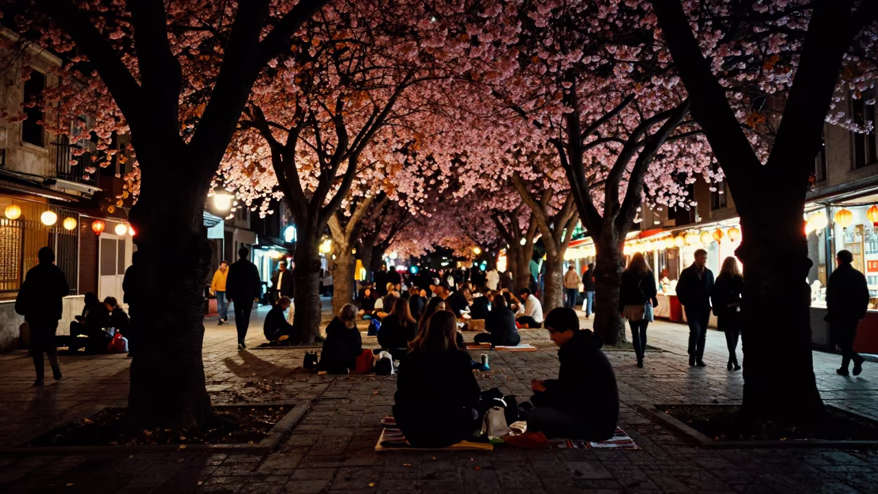 Night Picnic Under Cherry Trees Galata Istanbul in at a festival street procession in Galata, Istanbul