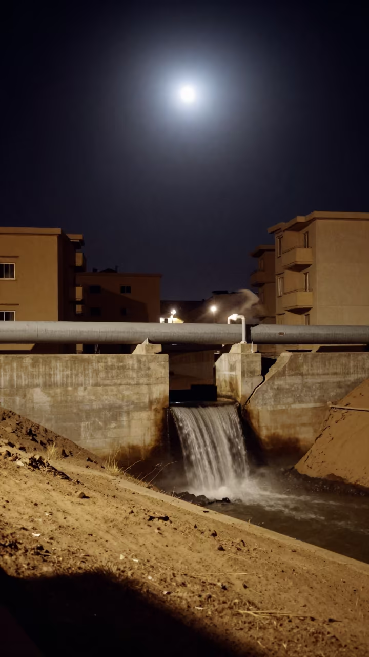 Night Pipe Crossing Dam Spillway Surreal Waterfall in along a dam spillway near Zinder