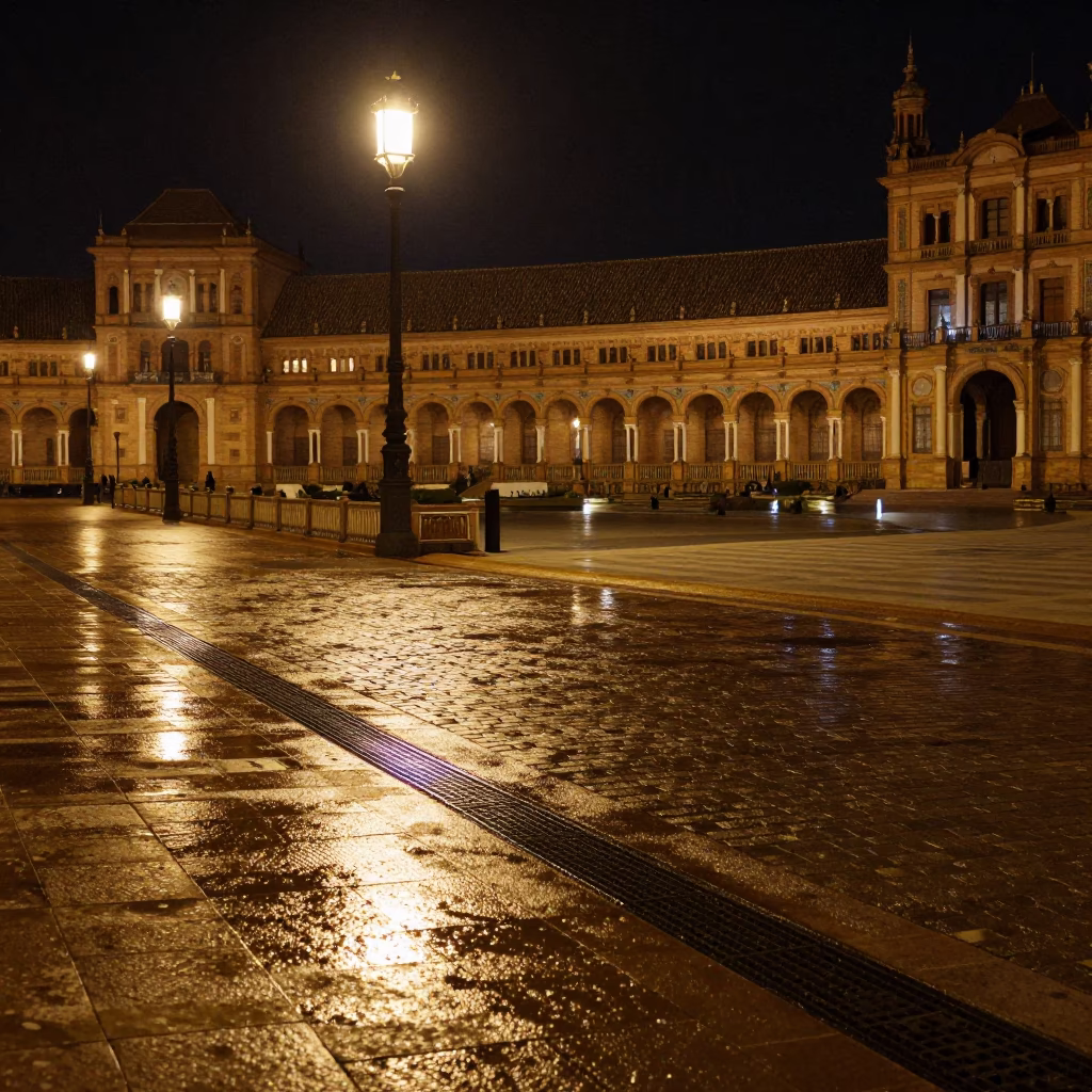 Night Plaza in Seville at Late At Night Light in in Seville, Spain