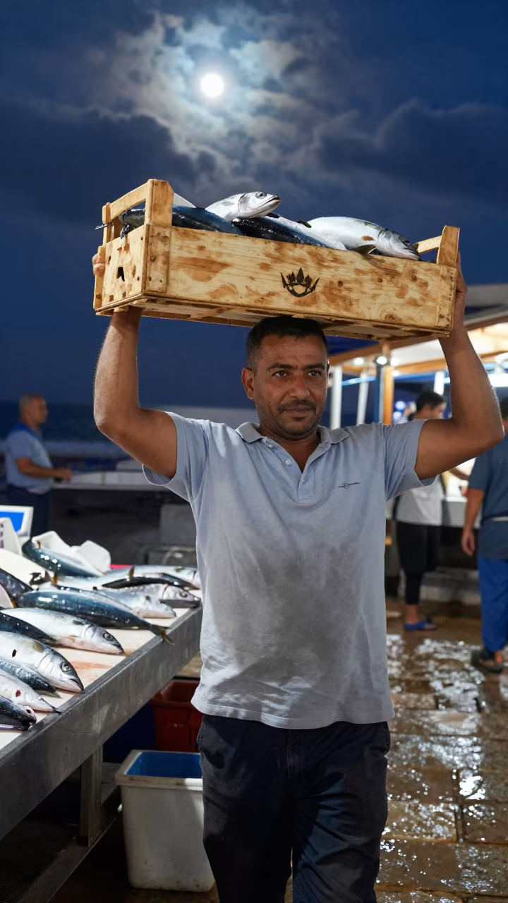 Night Porter Carries Iced Mackerel Crate in Tunis in beside a fish counter in Tunis