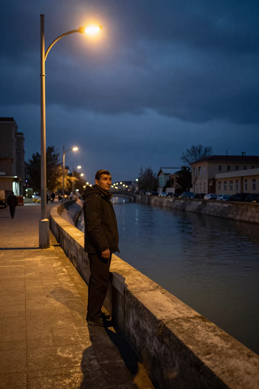 Night Portrait Mountain Guide Bishkek Surreal in beside a canal in Bishkek