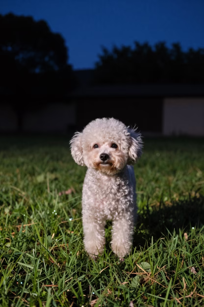 Night Portrait of a Teacup Poodle in Chiba Yard in in a small yard with clipped grass, calm light, and the animal centered in frame in Chiba