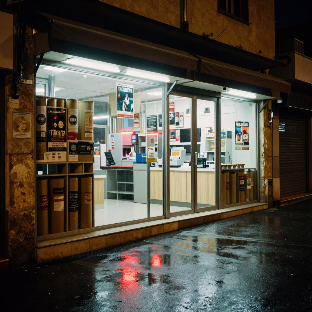 Night Poster Tube Cubby Damascus Street Reflections in along a storefront glass line on a wet street in Damascus