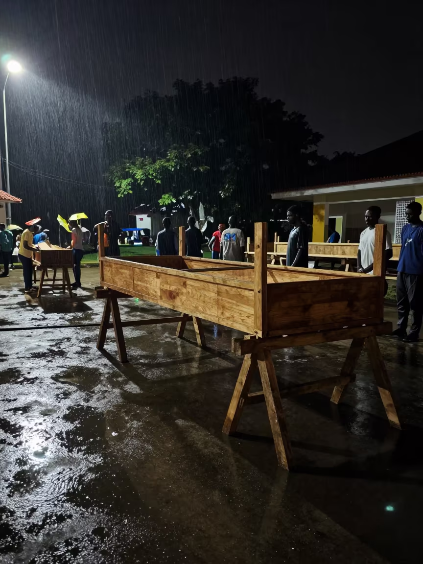 Night Workshop for Processional Float in Pointe-Noire Courtyard in in a temple courtyard in Pointe-Noire