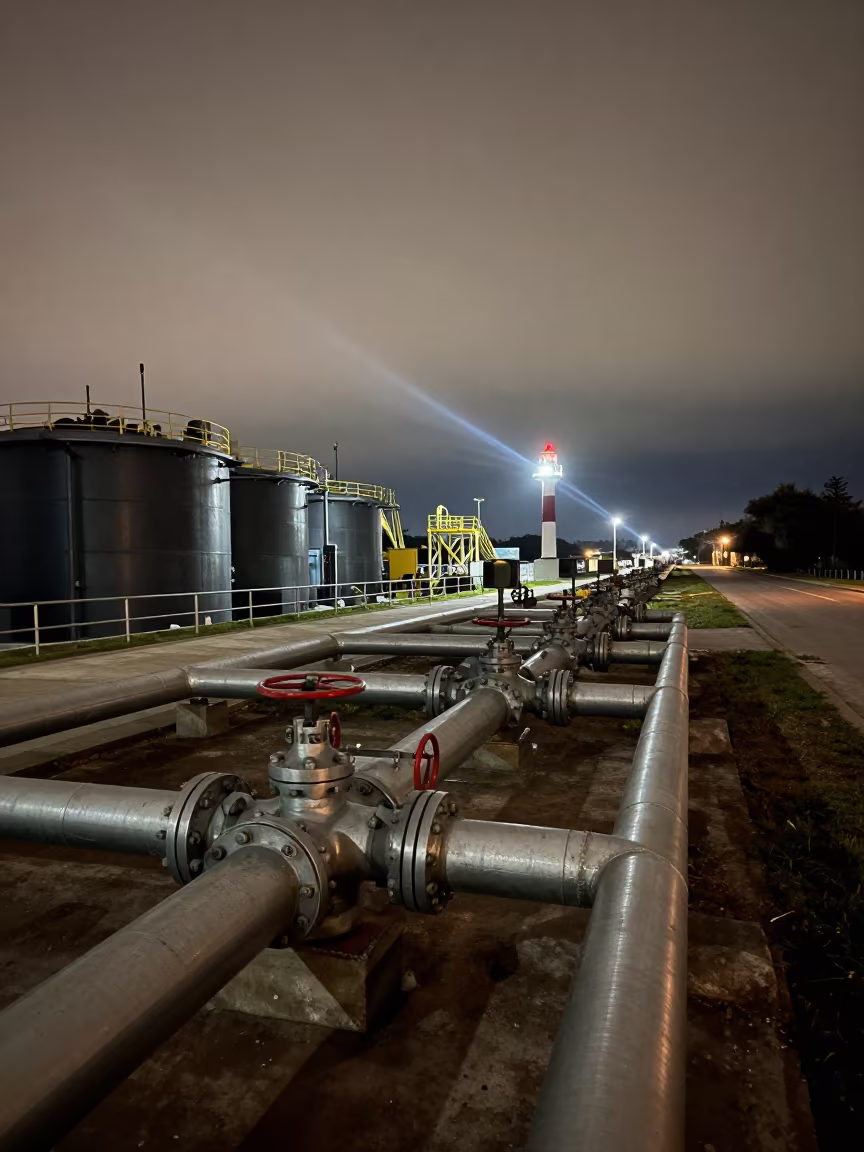 Night Pump Station Pipes Over Comodoro Overpass in across a windy overpass interchange near Comodoro Rivadavia