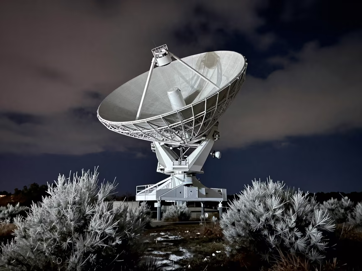 Night Radiotelescope Dish Above Scrub Near Forlì in beside a tidal survey transect near Forlì