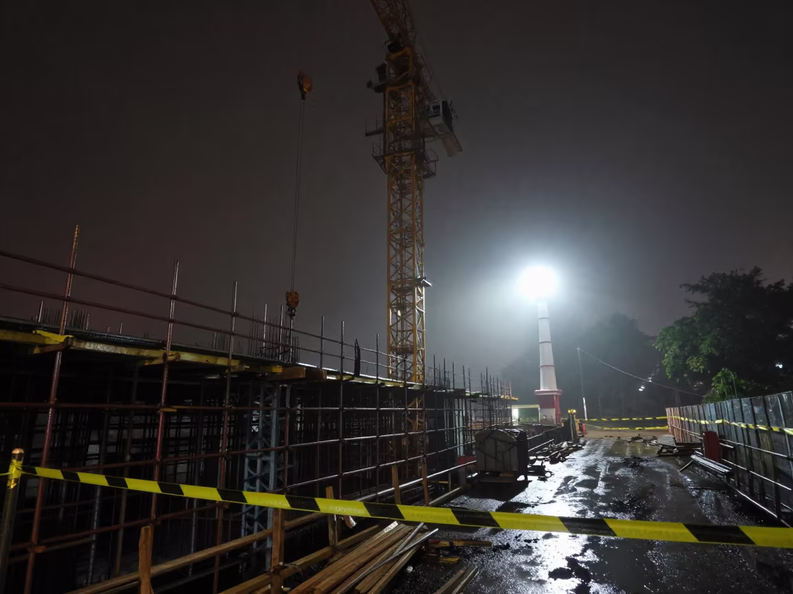 Night Rain Crane Hook Zone Maharashtra in along a scaffolded facade in Maharashtra