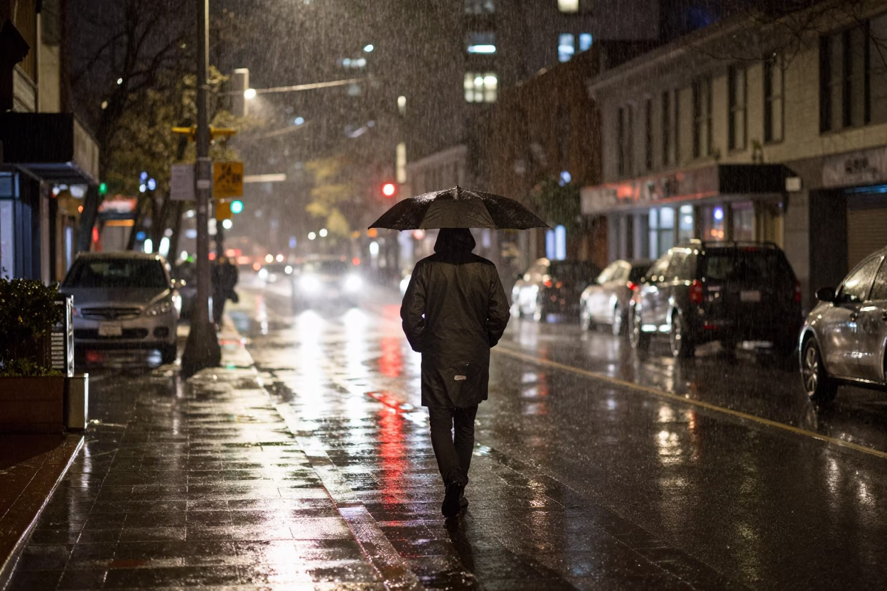 Night Rain in Vancouver at Deep In The Night Light in in Vancouver, British Columbia, Canada