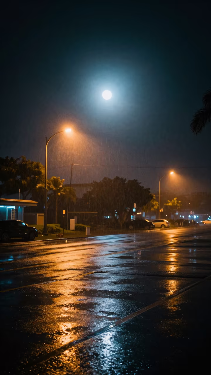 Night rain light on car windshield harbor fog in beside a fogbound harbor mouth near Honolulu