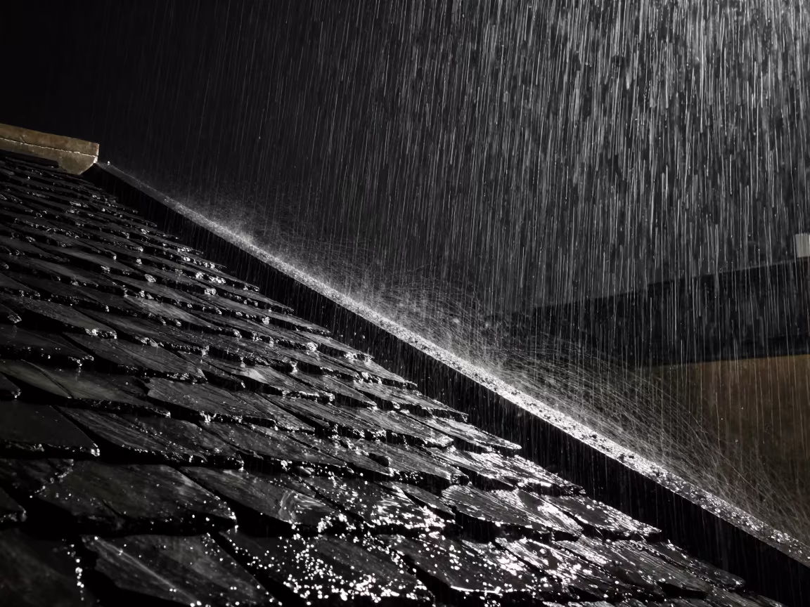 Night Rain Uphill Pooling on English Rooftop in in England