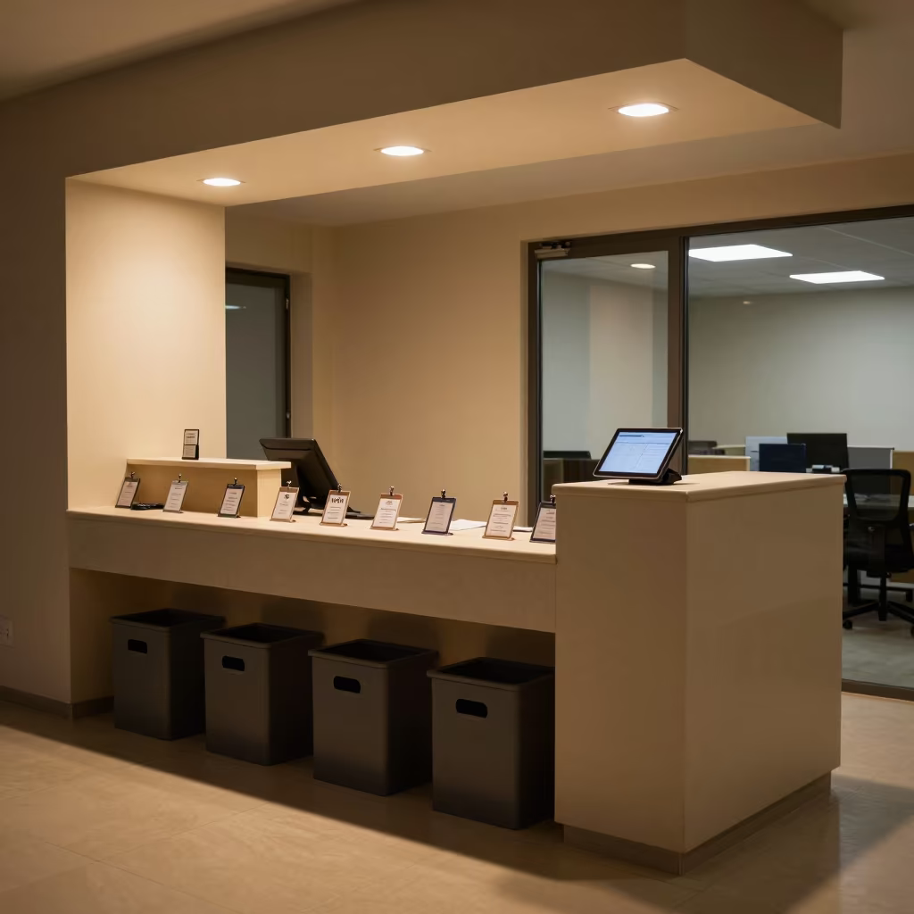 Night Reception Console With Badges and Bins in inside an open-plan office bay near Al Bayda