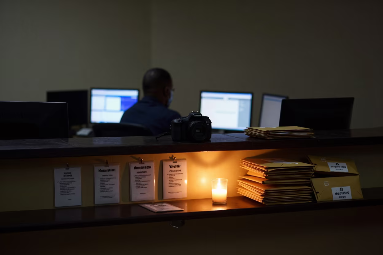 Night Reception Desk with Badges and Envelopes in in an operations center under monitor glow near Mogadishu