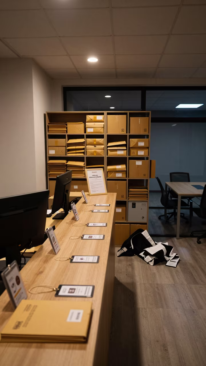 Night Reception Desk with Badges and Parcels in inside a coworking floor in Tekirdağ