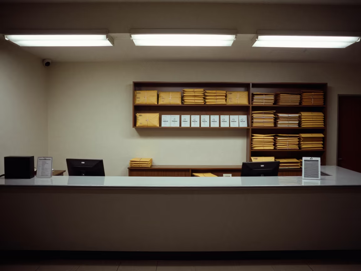 Night Reception Enugu Office With Badges And Parcels in at an office reception desk in Enugu