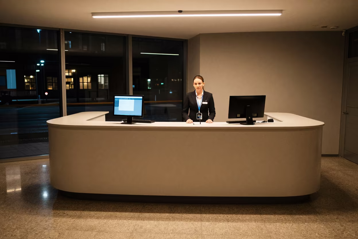 Night receptionist console in Hamburg conference room in inside a conference room in Reeperbahn, Hamburg