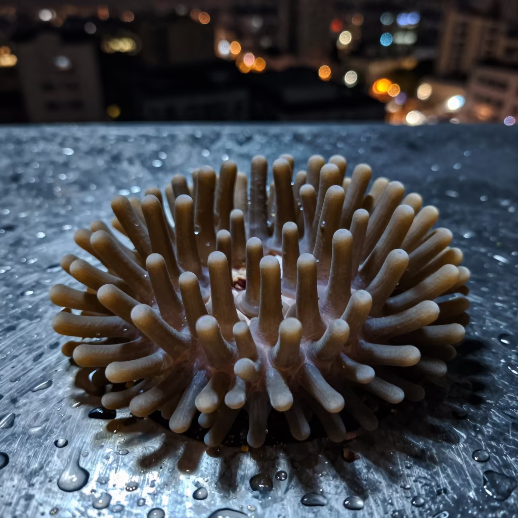 Night Reef Coral Polyps on Rain Beaded Metal in across a rain-beaded metal surface in Thu Thiem, Ho Chi Minh City