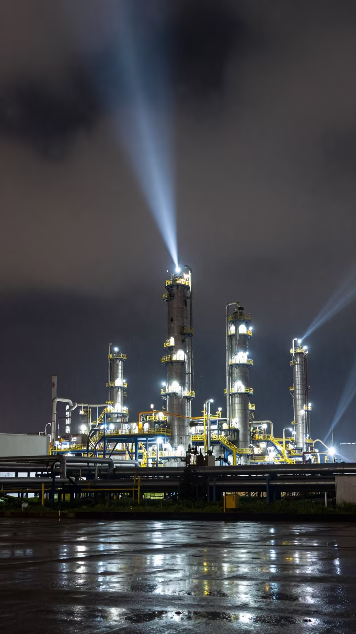 Night Refinery Swept by Searchlights in Gambia in across an active works site in Gambia