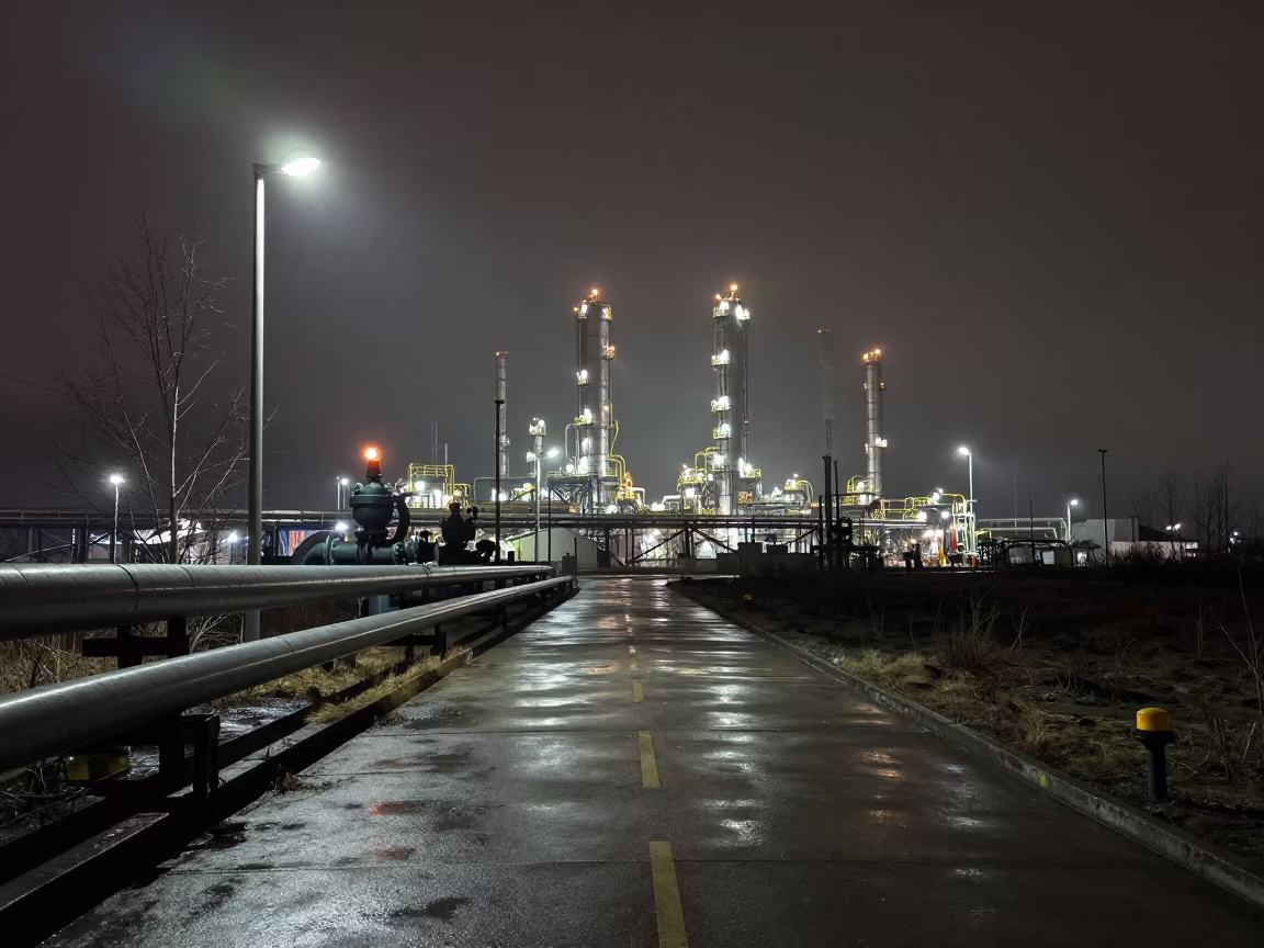 Night Refinery Urals Wet Concrete Pipes in along a service road lined with pipes in the Urals
