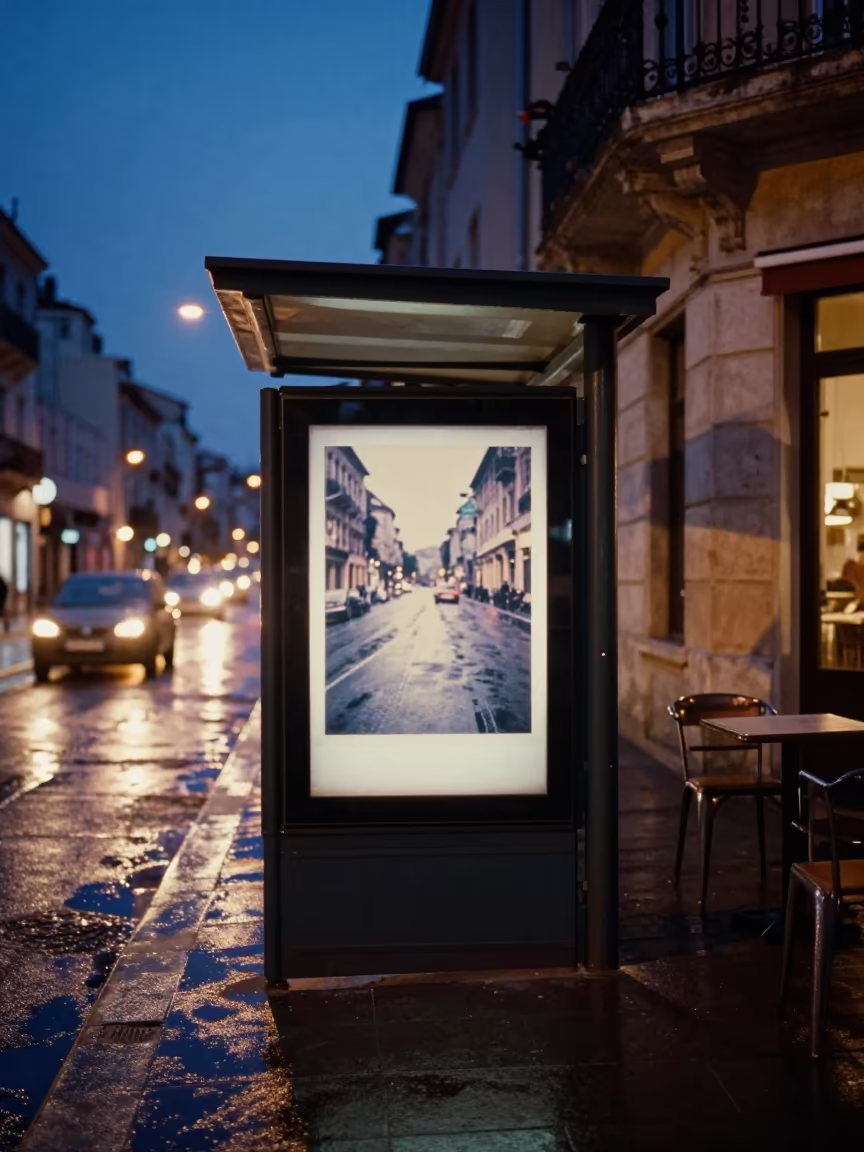 Night Reflections Bus Shelter Oran Street in outside a corner cafe in Oran