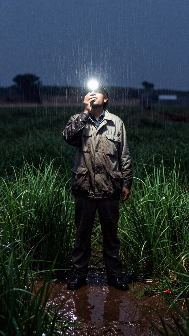 Night Researcher Recording Bird Calls in Wet Grass in in Tétouan