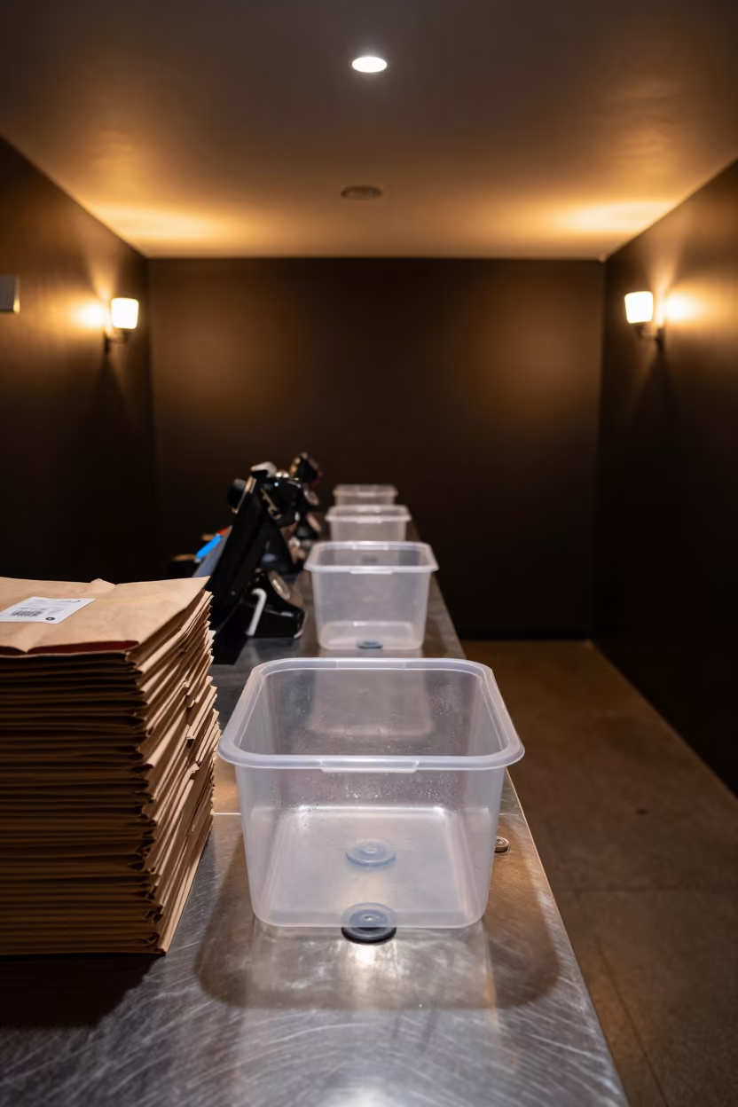 Night Reset Suction Bin at Cash Wrap in at a cash wrap counter with bags stacked nearby near Milton Keynes