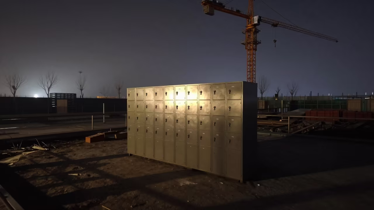 Night Roof Hatch Key Locker Winter Construction Site in beneath a tower crane on open ground in Pingyao