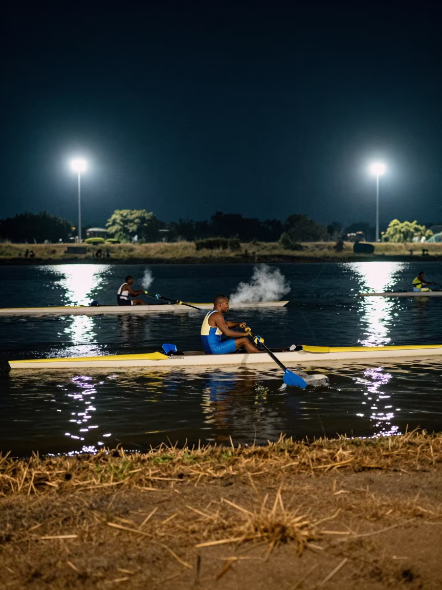 Night Rower Feathering Blade Under Stadium Lights in near open fields near Mwanza