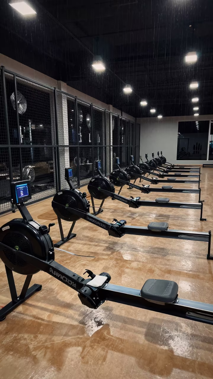 Night Rowing Machines Annaba Studio Monsoon in inside a spin studio under class lights in Annaba