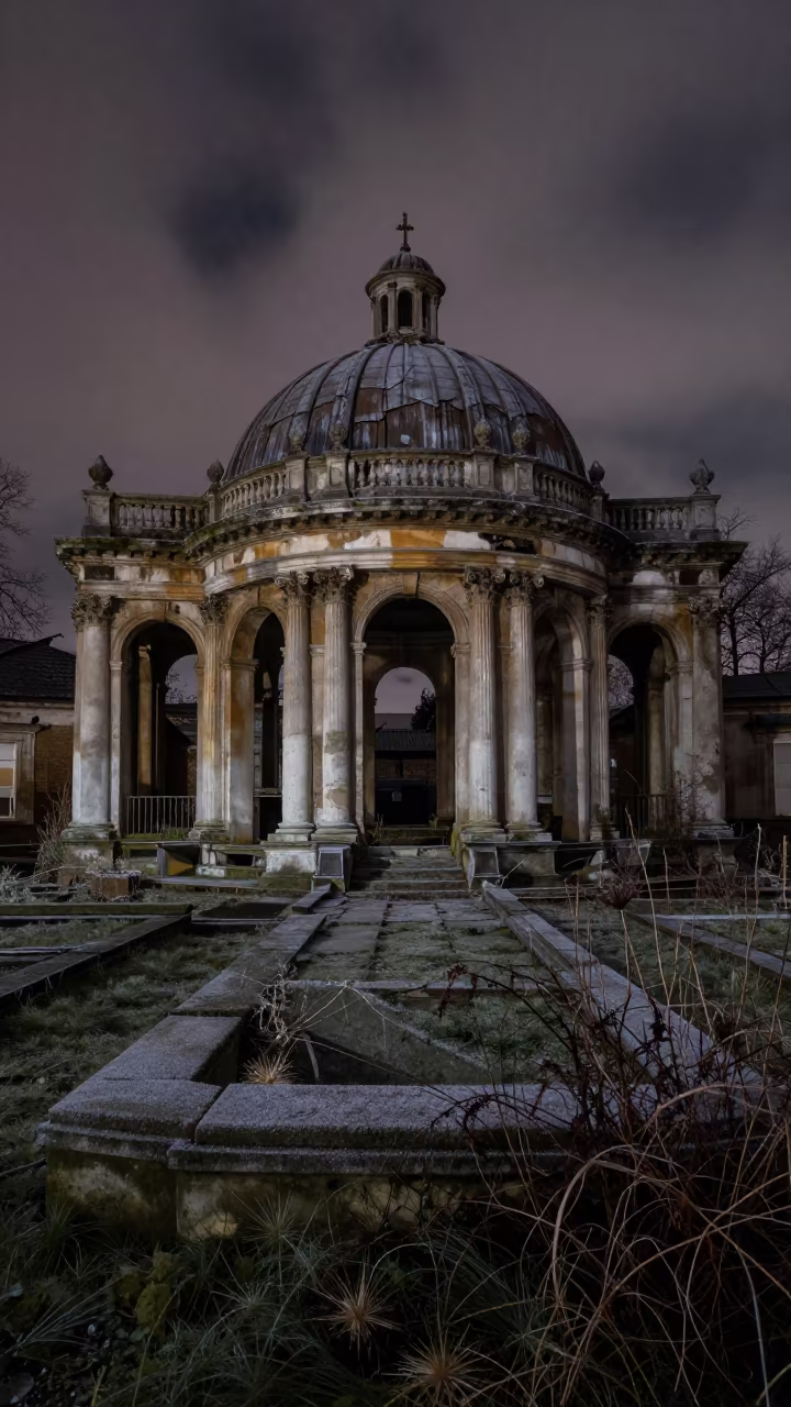Night Ruins Reclaimed by Winter Weeds in among toppled columns and nettles near London