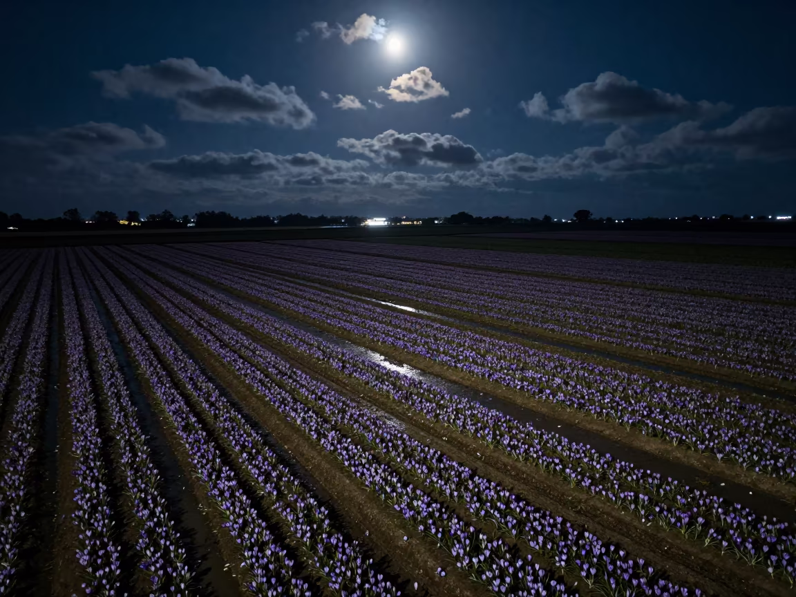 Night Saffron Fields Aerial View Moonlight in high above irrigation geometry near Da Nang