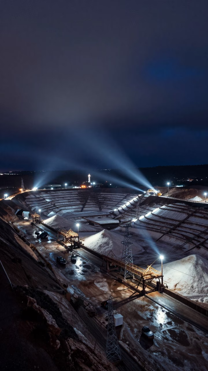 Night Salt Mine Oaxaca Drone View in under gantries and utility towers near Oaxaca