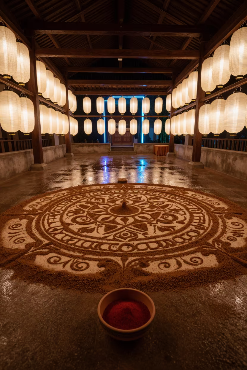 Night Sand Mandala in Okene Shrine Lanterns in in a shrine lined with lanterns in Okene