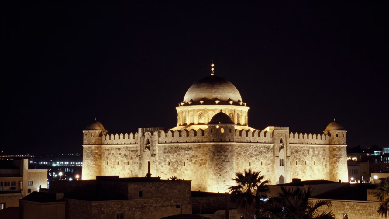 Night scene at Alexandria Citadel with open dome and starry sky in in Alexandria, Egypt