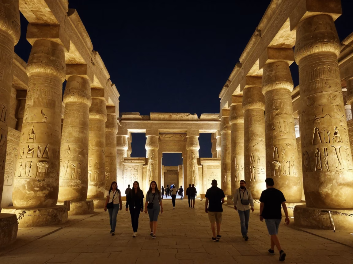 Night scene at Luxor temple complex with tourists and ancient stone columns in in Luxor, Egypt