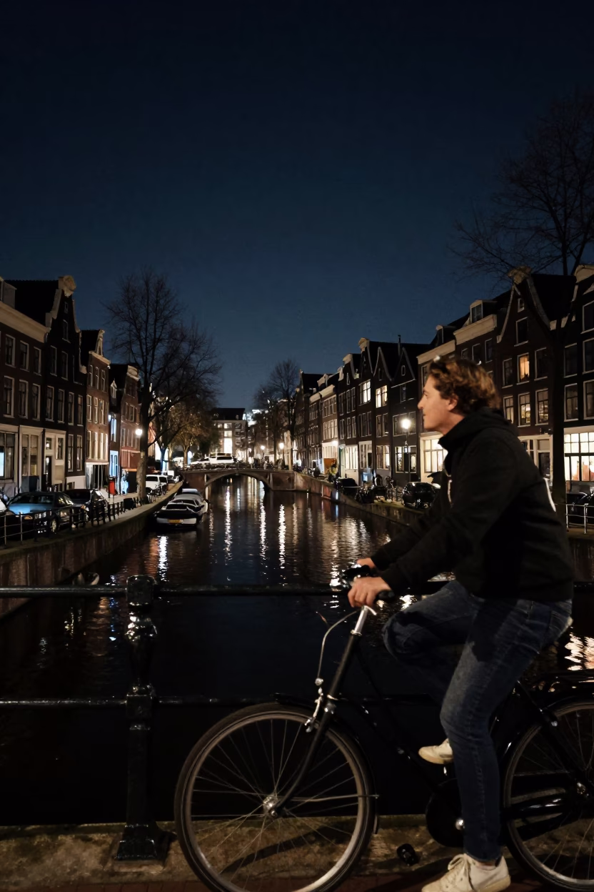 Night Scene in Amsterdam at The Deepest Night Sky Light in in Amsterdam, Netherlands