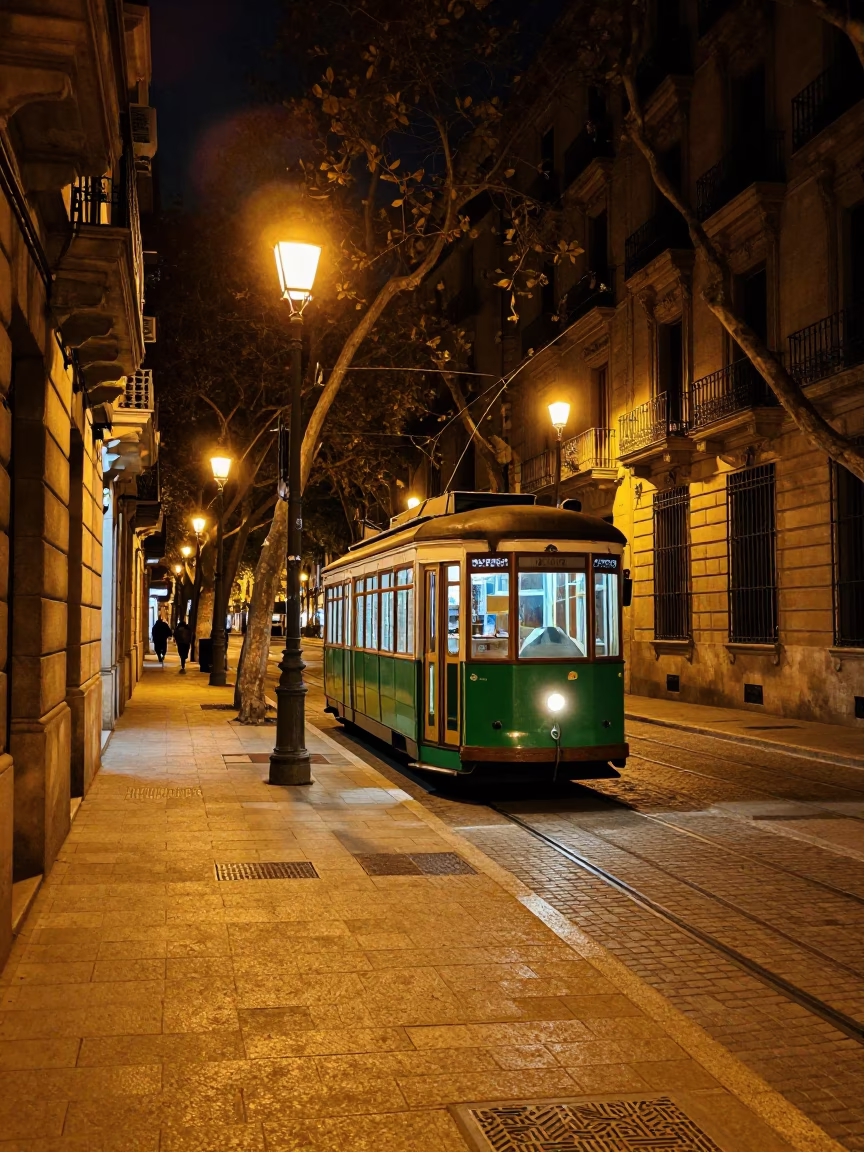 Night Scene in Barcelona at Deep In The Night Light in in Barcelona, Spain