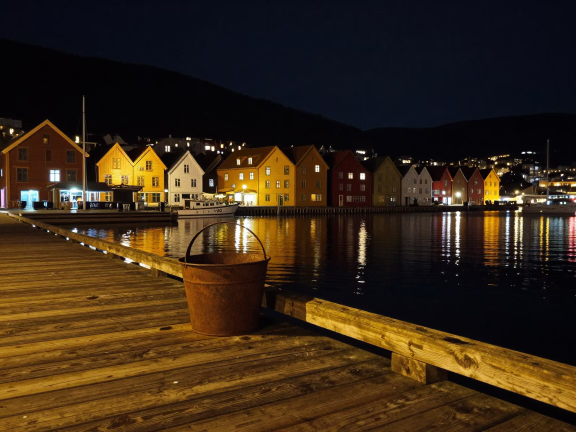 Night Scene in Bergen at Deep In The Night Light in in Bergen, Norway