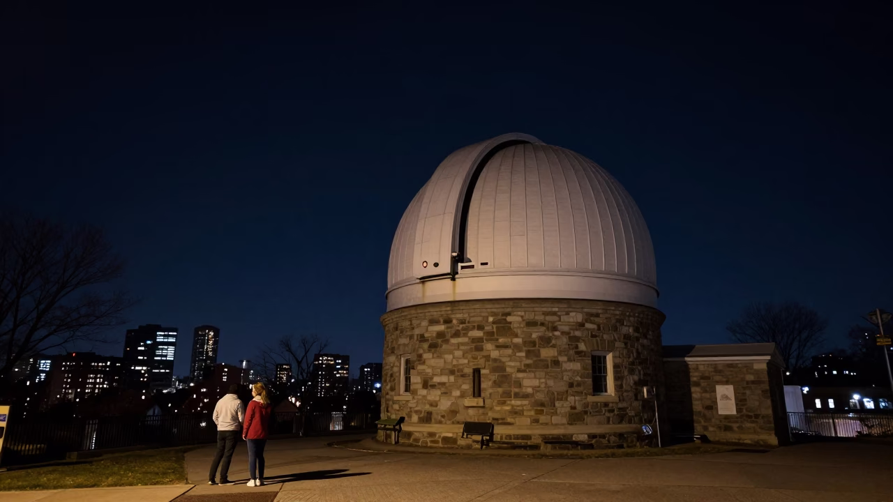 Night Scene in Boston Massachusetts Featuring Stone Observatory Hilltop and Deep Sky in in Boston, Massachusetts, United States