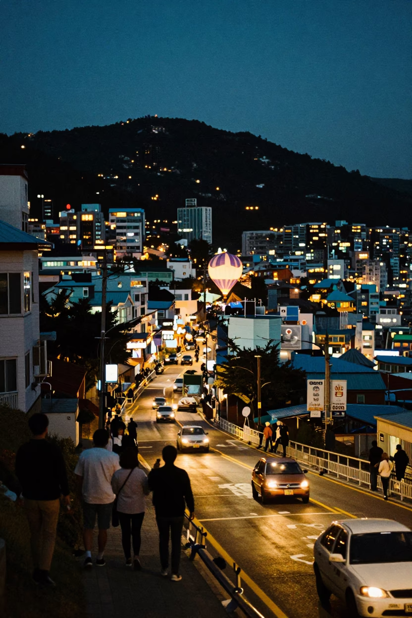 Night Scene in Busan at As City Lights Begin To Glow in in Busan, South Korea