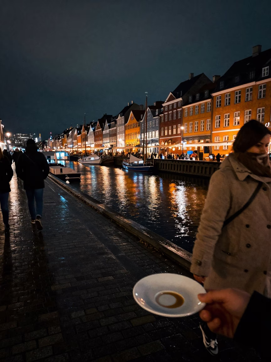 Night Scene in Copenhagen at Late At Night Light in in Copenhagen, Denmark