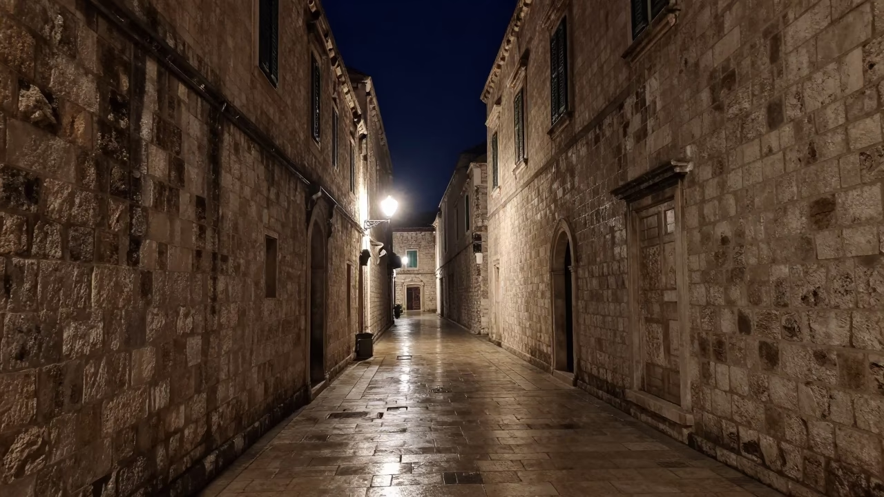 Night Scene in Dubrovnik at Midnight Light in in Dubrovnik, Croatia
