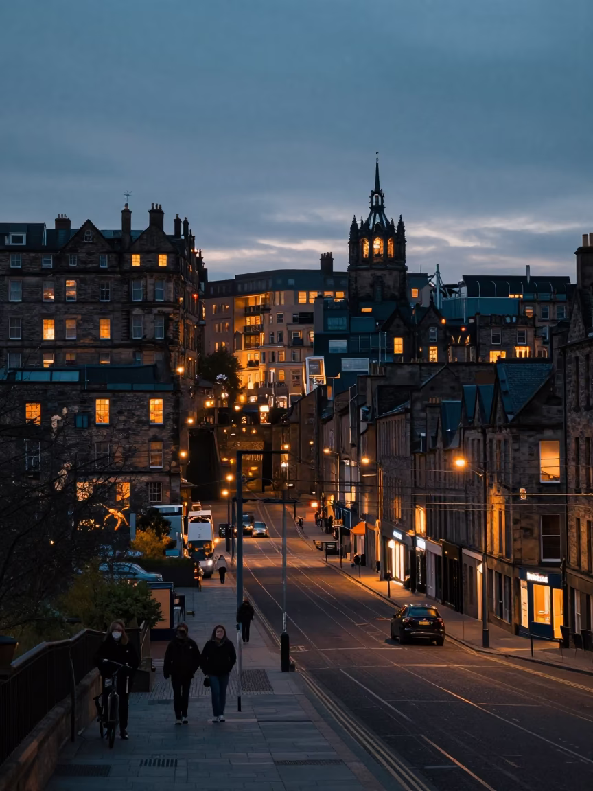 Night Scene in Edinburgh at As City Lights Begin To Glow in in Edinburgh, United Kingdom