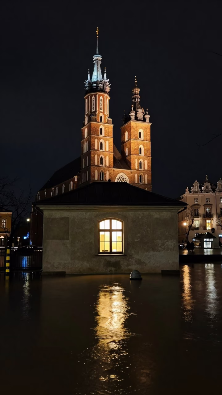 Night Scene in Krakow at Deep In The Night Light in in Krakow, Poland