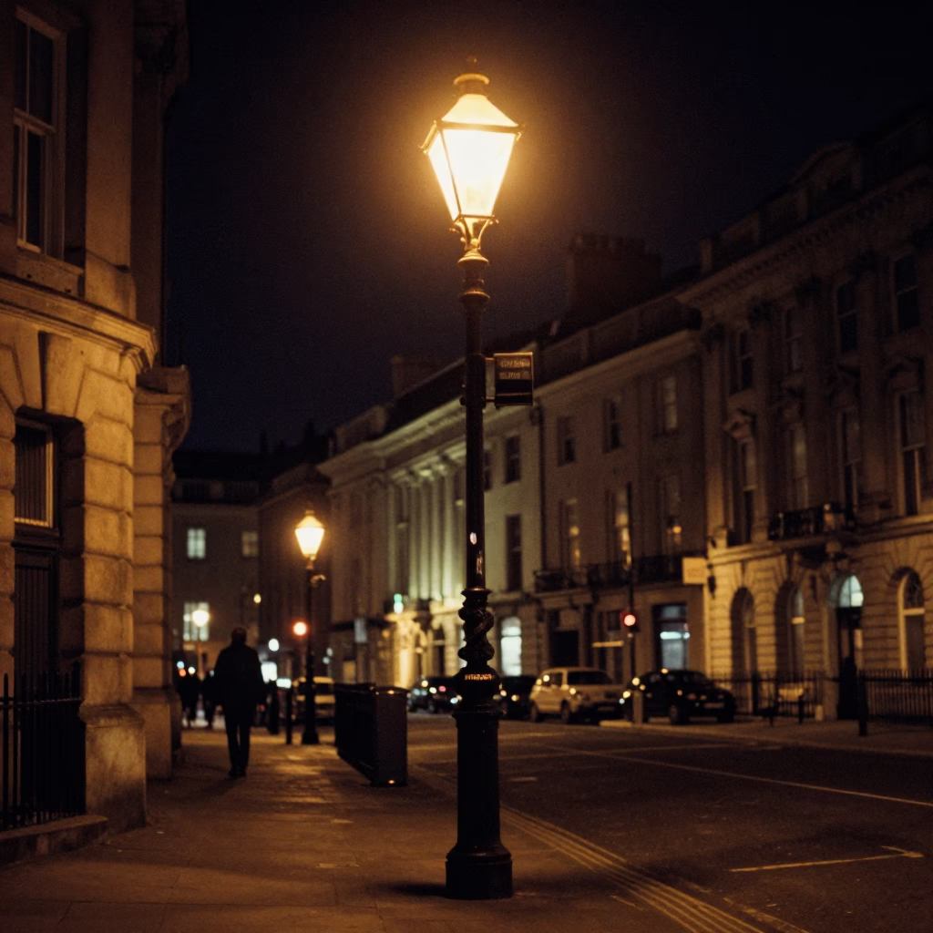 Night scene in Liverpool United Kingdom with vintage streetlamp and urban architecture in in Liverpool, United Kingdom