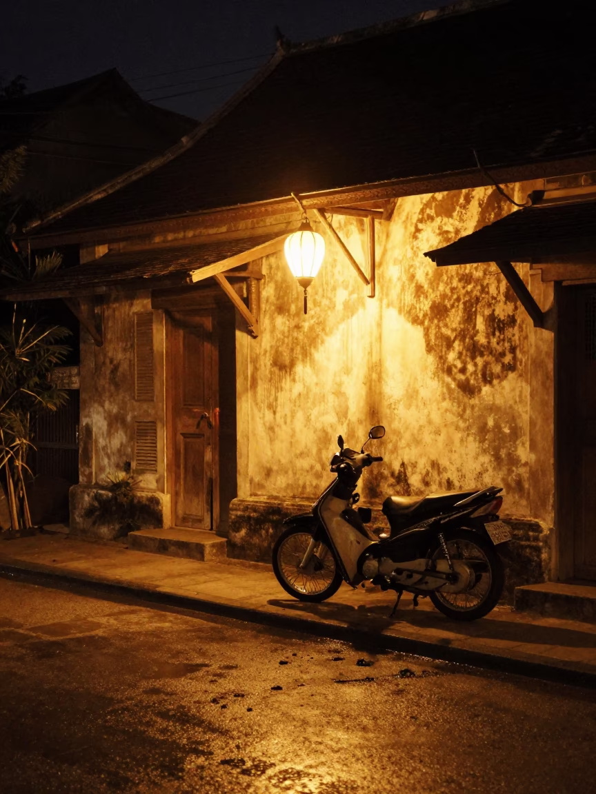 Night Scene in Luang Prabang Laos Street Corner with Motorcycle and Lantern Light in in Luang Prabang, Laos