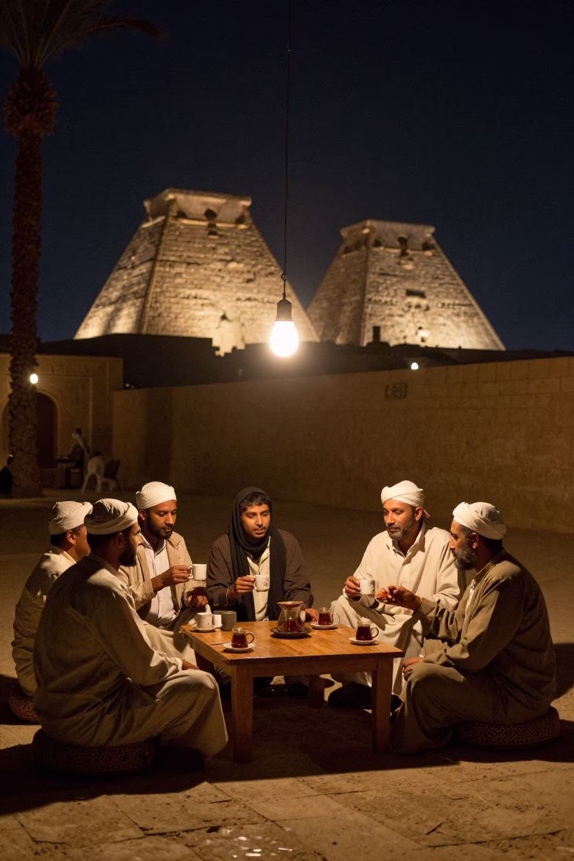 Night scene in Luxor Egypt with camp mugs and traditional tea service in in Luxor, Egypt