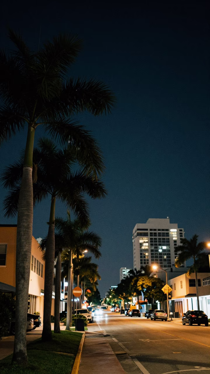 Night Scene in Miami at The Deepest Night Sky Light in in Miami, Florida, United States