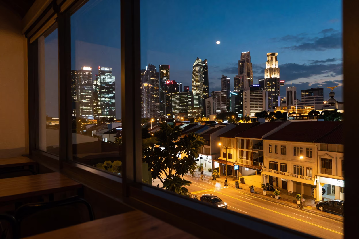 Night Scene in Singapore at As City Lights Begin To Glow in in Singapore, Singapore