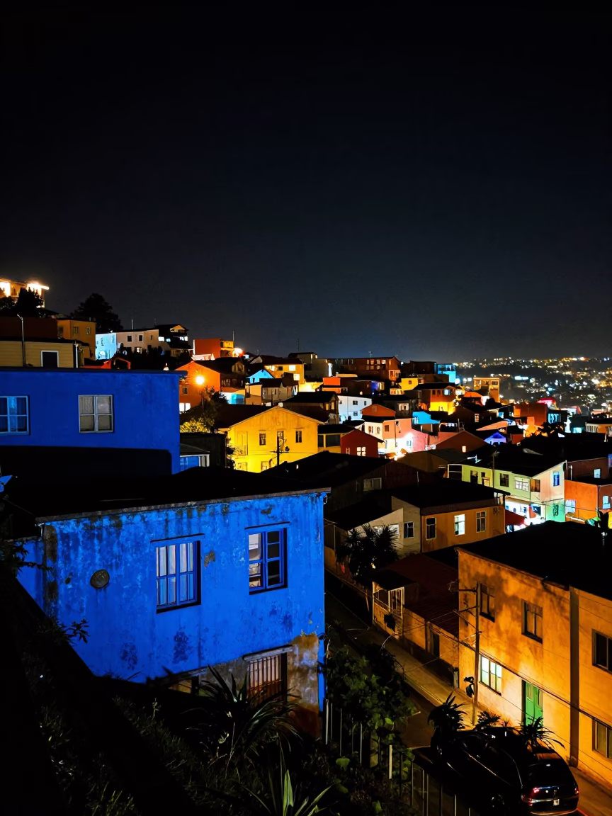 Night Scene in Valparaiso at The Deepest Night Sky Light in in Valparaiso, Chile